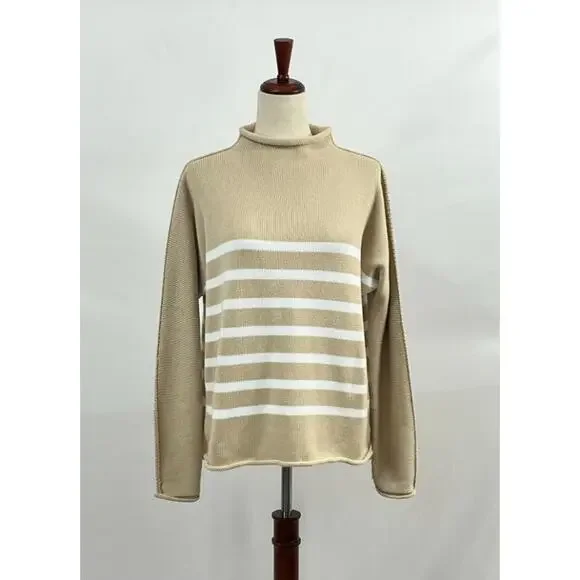 FRANK & EILEEN Sz S Small Tan White Stripe Monterey Roll Neck Sweater